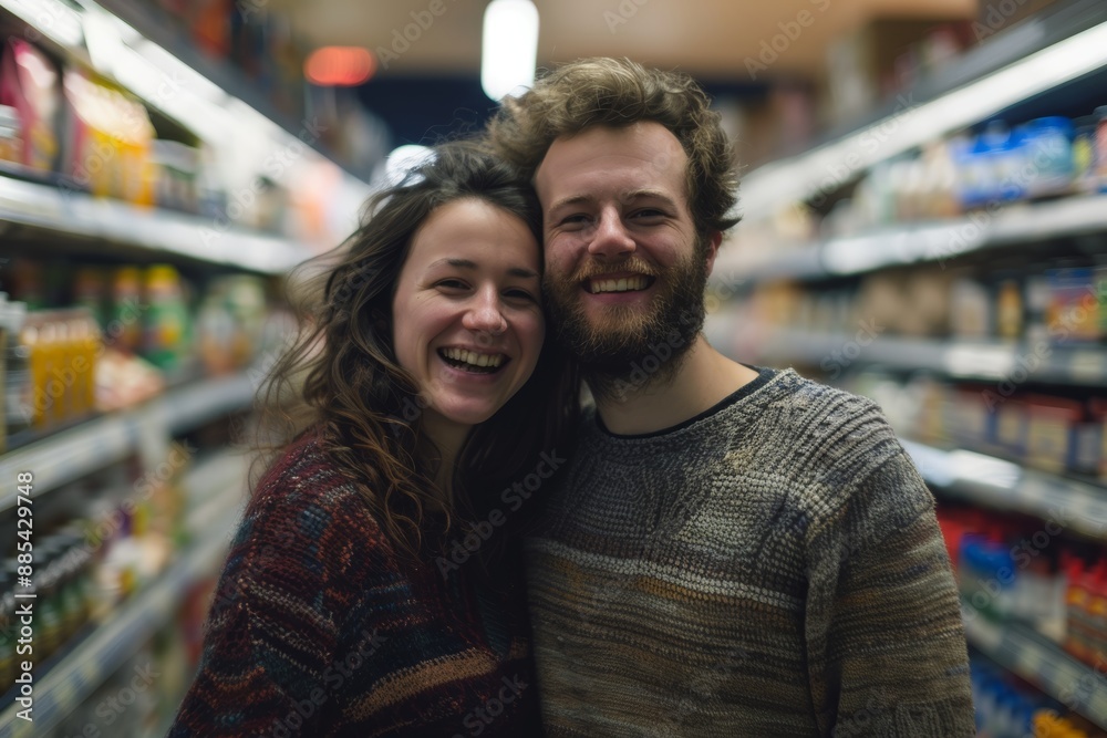 Portrait of a smiling couple in their 30s dressed in a warm wool sweater isolated on busy supermarket aisle background