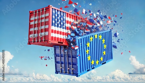 USA and EU trade war. European Union and US America flags containers crashed on sky