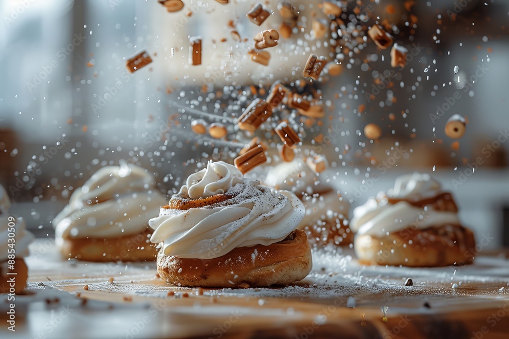 Cinnamon rolls with icing and dough spinning in mid-air Cinnamon rolls with icing and dough spinning in mid-air