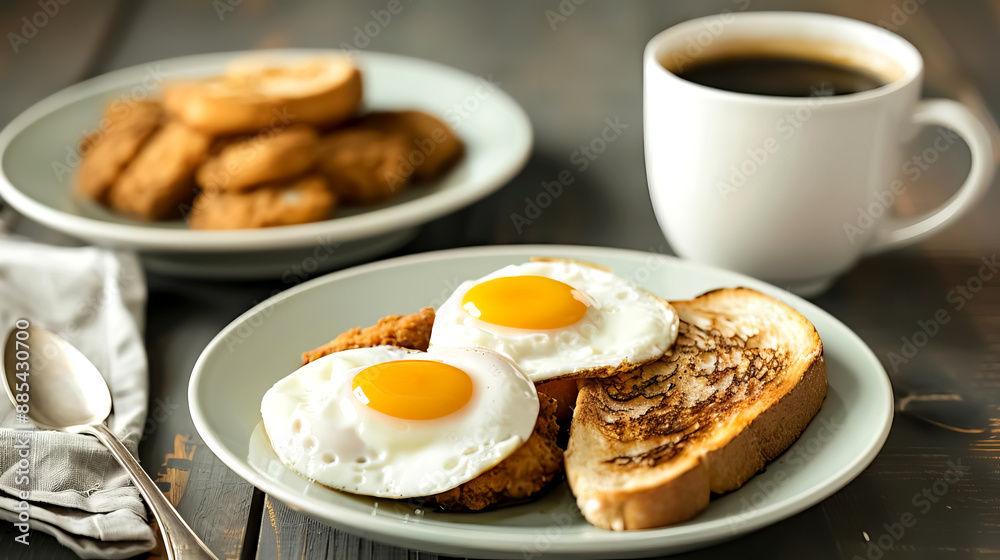 a cozy breakfast scene with a plate of fried chicken eggs, toast, and a steaming cup of coffee a cozy breakfast scene with a plate of fried chicken eggs, toast, and a steaming cup of coffee