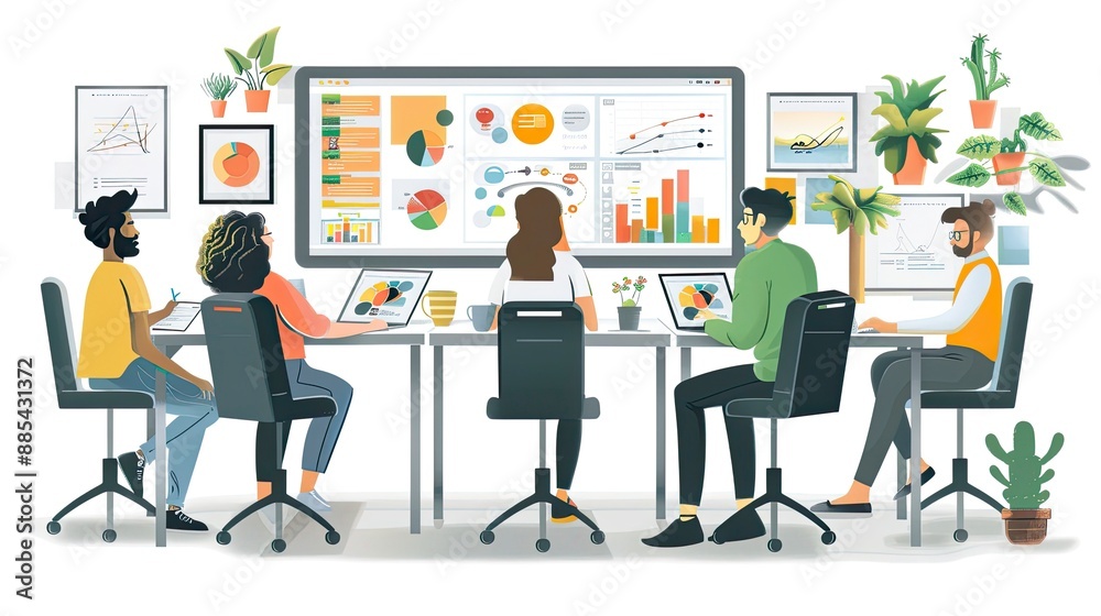 An office with a team of digital marketers working collaboratively, using laptops, tablets, and brainstorming tools. An office with a team of digital marketers working collaboratively, using laptops, tablets, and brainstorming tools.