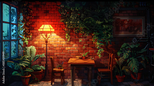 Pixel art of a pretty dining room with pixelated dishes and a decorative wall