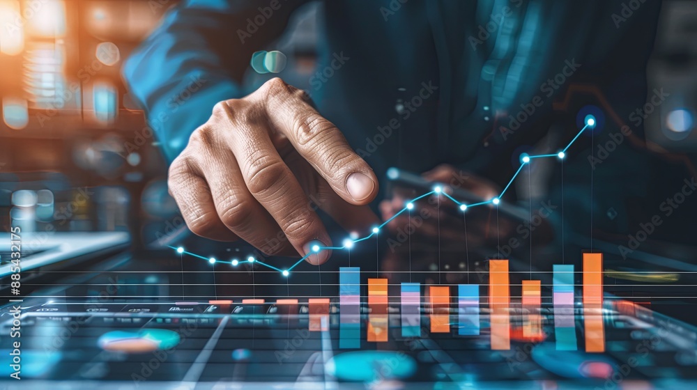 Interest rate and dividend concept, Businessman touching analyzing the economic growth graph for investment growth. business financial investment, business growth, income, marketing and profit Interest rate and dividend concept, Businessman touching analyzing the economic growth graph for investment growth. business financial investment, business growth, income, marketing and profit