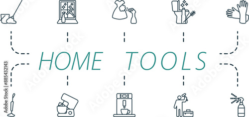 Home tools outline icons set. Creative icons: mop, window cleaning, steam ironing, cleaning toilet, gloves, vacuum mop, mixer, coffee machine, repairing, air freshener.