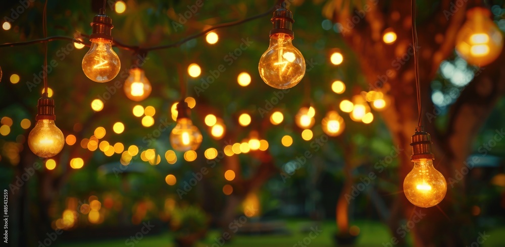 The outdoor garden was decorated with warm yellow light bulbs hanging from trees. The outdoor garden was decorated with warm yellow light bulbs hanging from trees.
