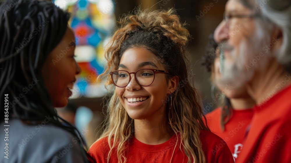 Fototapeta premium Young woman with glasses smiling while interacting with people in a colorful indoor setting.