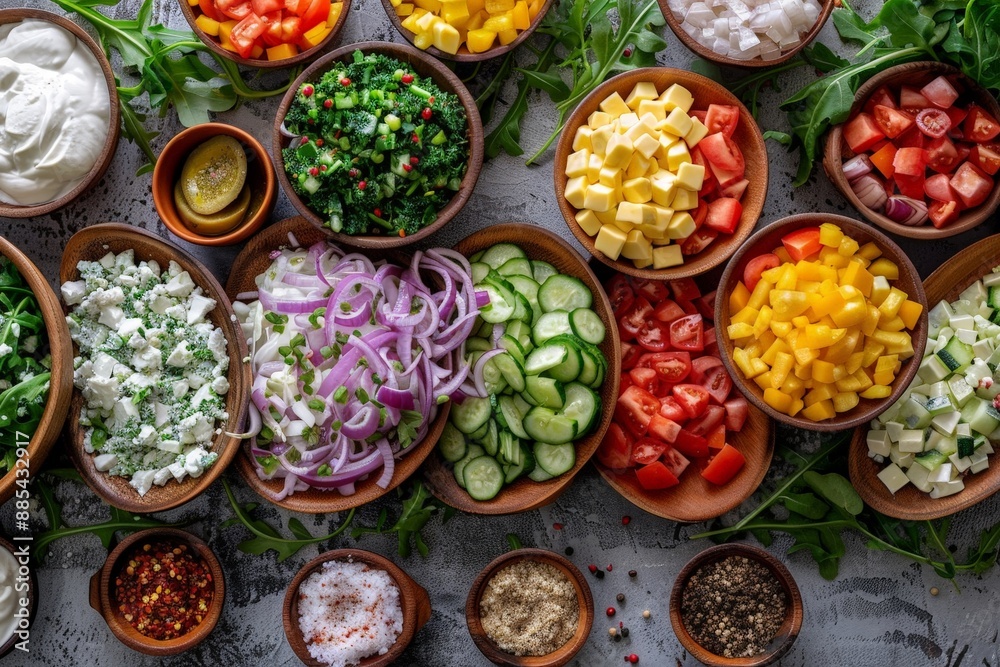Cobb salad ingredients in a colorful display Cobb salad ingredients in a colorful display