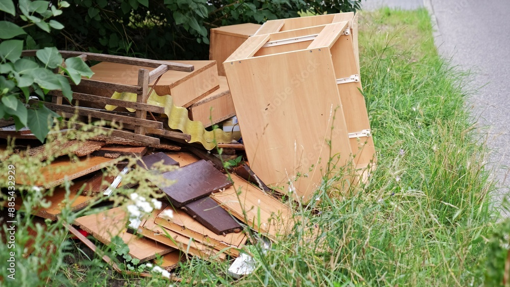 Old Furniture Disposed by New House Owner During Renovation Prepared for Curbside Garbage Pickup by City Cleaning Services