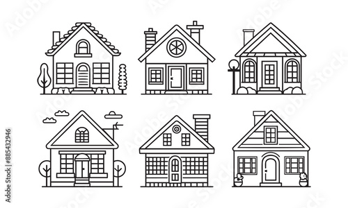 set of houses sketch , Black home silhouettes group line icon , stylish and eye-catching house front icon collection isolated vector Illustration