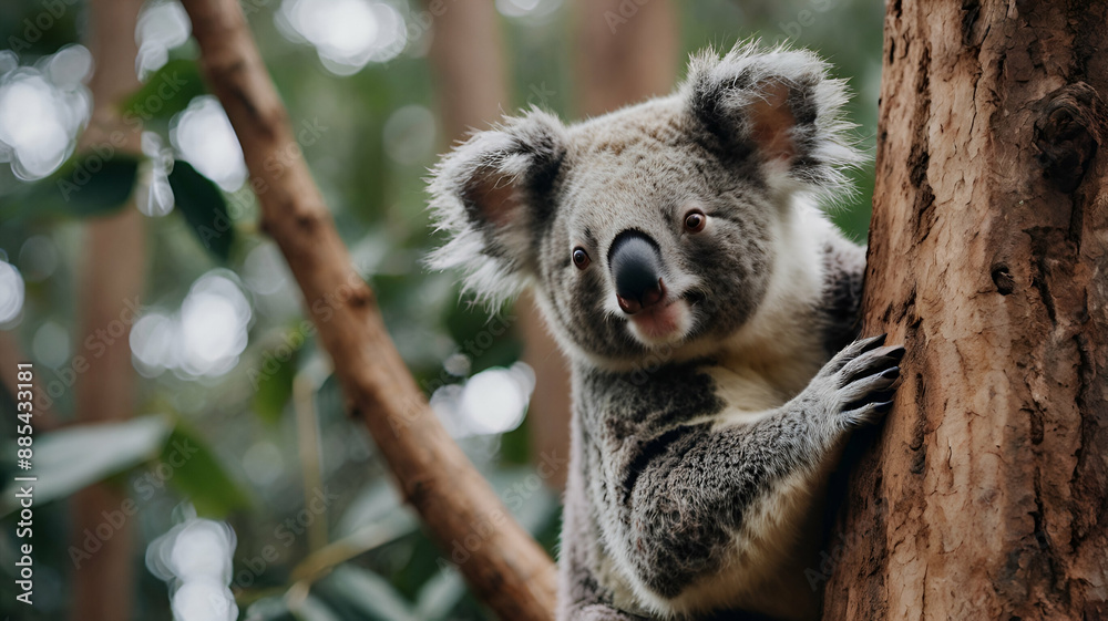 Naklejka premium cute Koala Bear climbing on the tree looking at the camera, , copy space