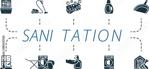 Sanitation icons set. Creative icons: dishwasher, vacuum, sponge, detergent, dustpan, glass cleaning, laundry, hand soap, washing machine, home maintenance.