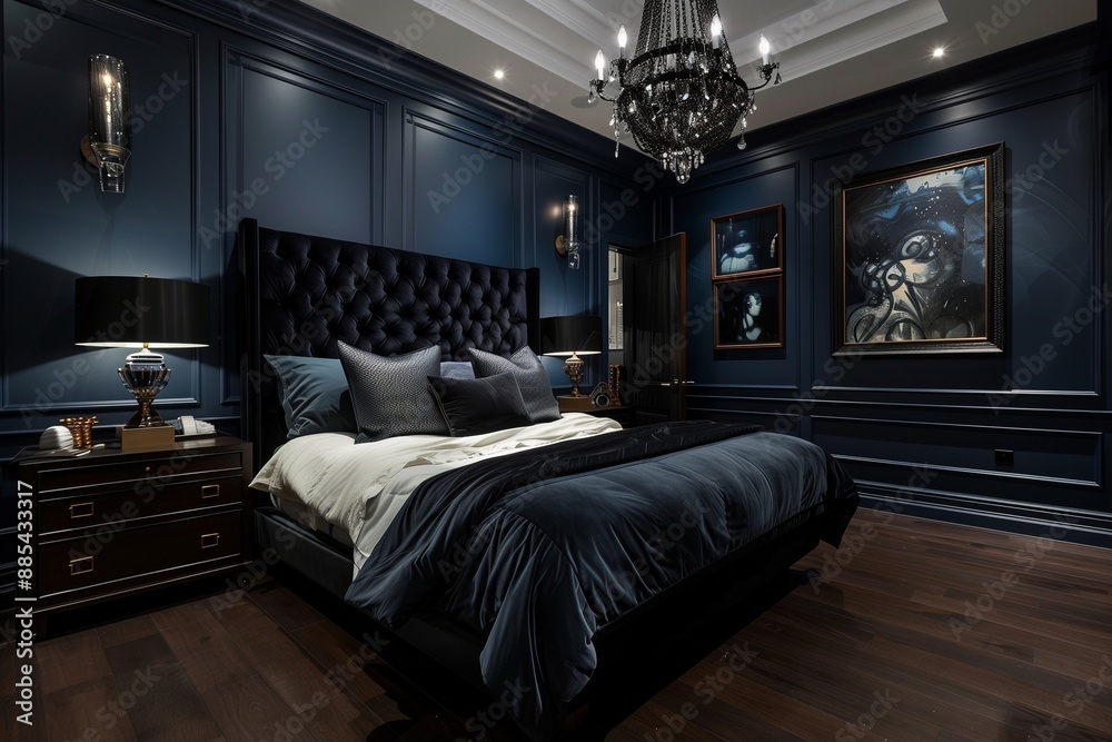 A chic bedroom with dark blue walls, a black tufted headboard, and dark wood nightstands. A large black chandelier hangs from the ceiling, and dark framed artwork decorates the walls. A chic bedroom with dark blue walls, a black tufted headboard, and dark wood nightstands. A large black chandelier hangs from the ceiling, and dark framed artwork decorates the walls.