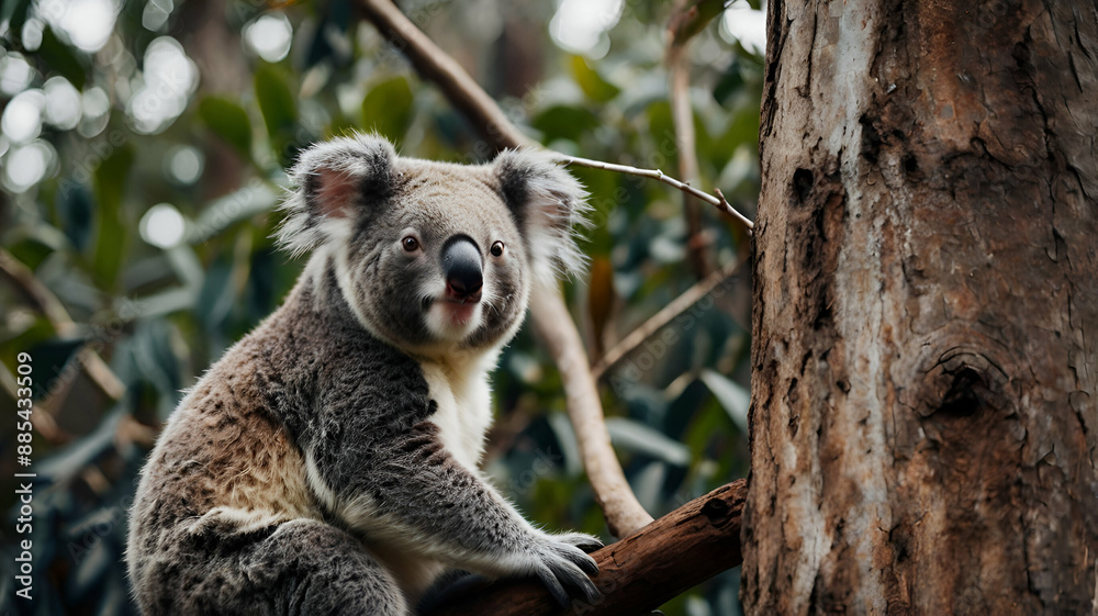 Fototapeta premium cute Koala Bear climbing on the tree looking at the camera, , copy space