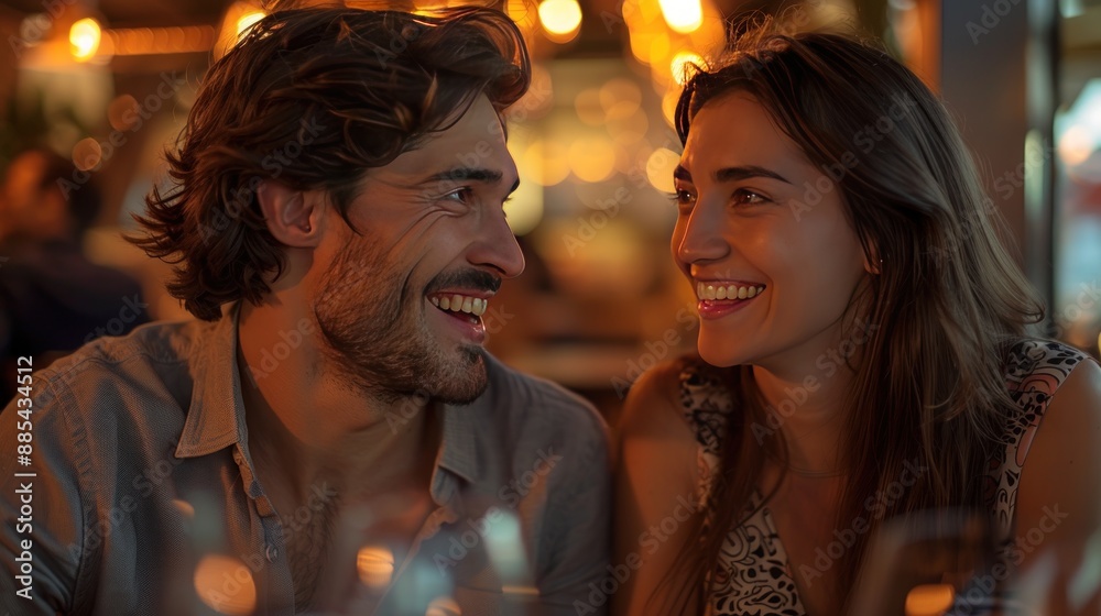Two business partners laughing and engaging in conversation in a trendy restaurant, wearing smart casual clothing. Two business partners laughing and engaging in conversation in a trendy restaurant, wearing smart casual clothing.