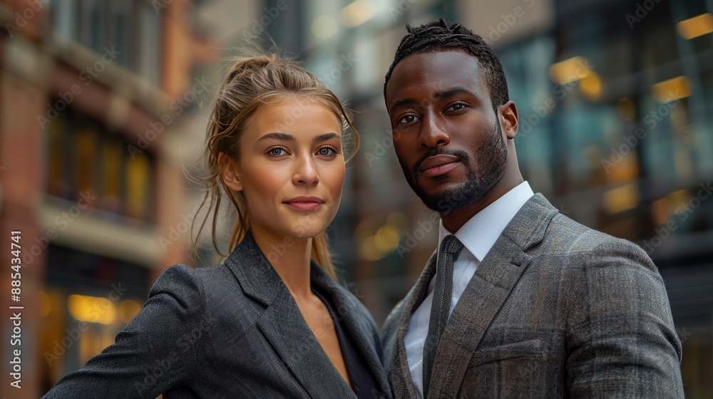 Two business people with relaxed expressions, wearing formal suits, standing in an outdoor urban setting. Two business people with relaxed expressions, wearing formal suits, standing in an outdoor urban setting.