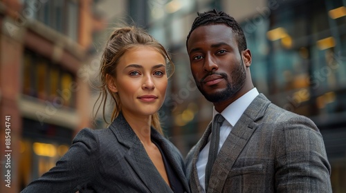 Two business people with relaxed expressions, wearing formal suits, standing in an outdoor urban setting. © Natima