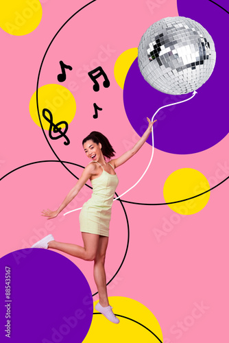 Sketch image trend artwork photo collage of retro nightclub listen play music young happy lady funky dance huge hand hold rope disco ball photo