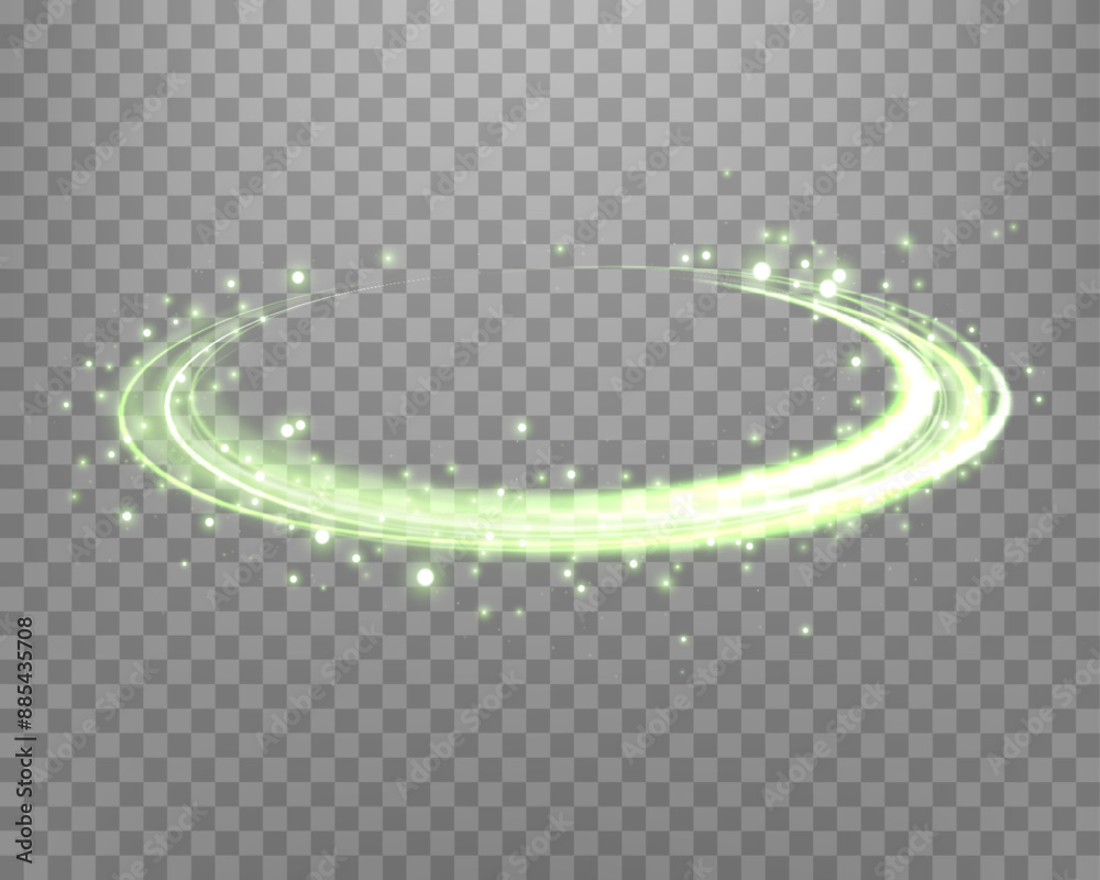 Glowing green magic rings. Dynamic orbital flare halo ring. Neon realistic energy swoosh swirl. Abstract light effect on a transparent background. Vector illustration.