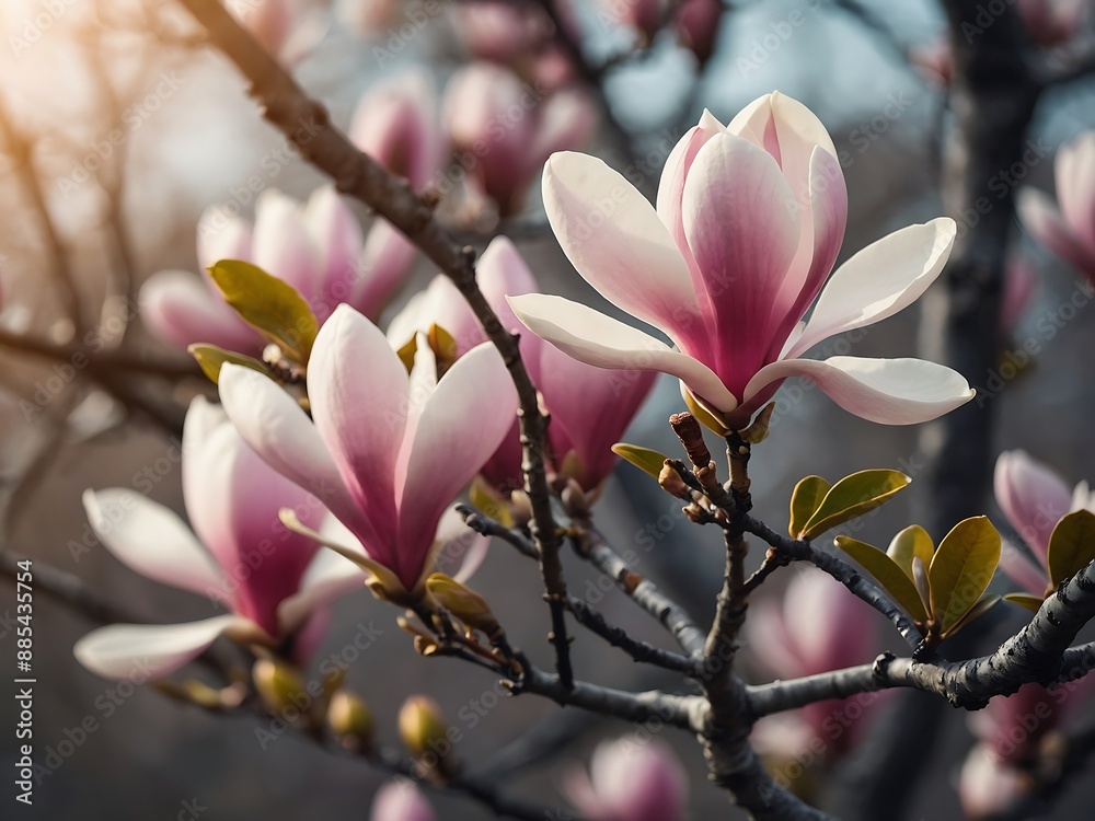 Pink magnolia blooms on a graceful spring branch Pink magnolia blooms on a graceful spring branch