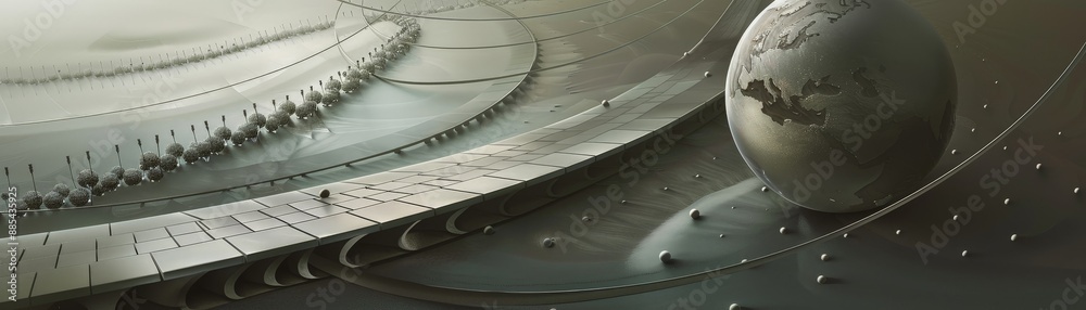 Abstract futuristic scene with a large, sphere-shaped object and a curved, textured surface. Abstract futuristic scene with a large, sphere-shaped object and a curved, textured surface.