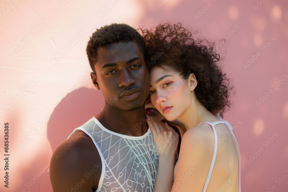 Portrait of a tender multicultural couple in their 20s dressed in a breathable mesh vest in front of pastel or soft colors background Portrait of a tender multicultural couple in their 20s dressed in a breathable mesh vest in front of pastel or soft colors background