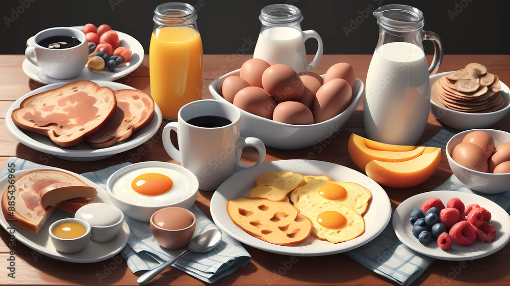 A realistic 4HD image that shows various typical breakfast supplies A realistic 4HD image that shows various typical breakfast supplies