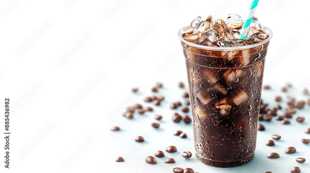 Refreshing iced coffee in a clear cup with a blue straw, surrounded by coffee beans on a light background.