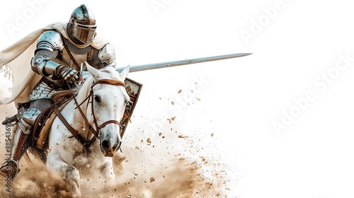 A valiant knight in shining armor riding a white horse, charging into battle with a lance, creating a dramatic action scene.