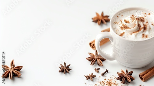 Cozy cup of spiced latte with whipped cream, sprinkled with star anise and cinnamon on a white background. Winter warm drink concept.