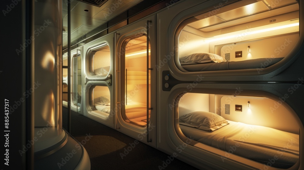 Obraz premium Illustrate a cozy, futuristic sleeping capsule in a capsule hotel, with soft lighting and modern amenities. 