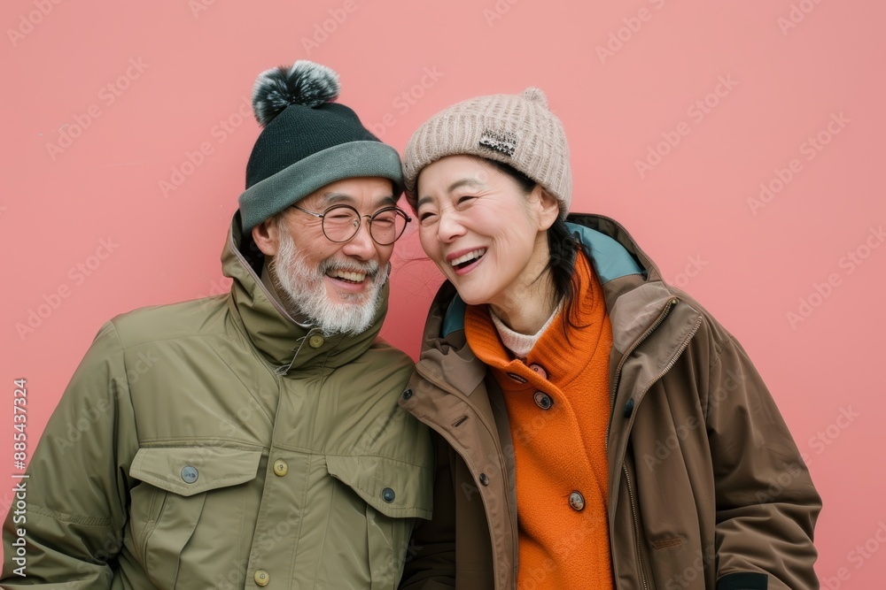 Portrait of a joyful asian couple in their 40s wearing a windproof softshell isolated on pastel or soft colors background