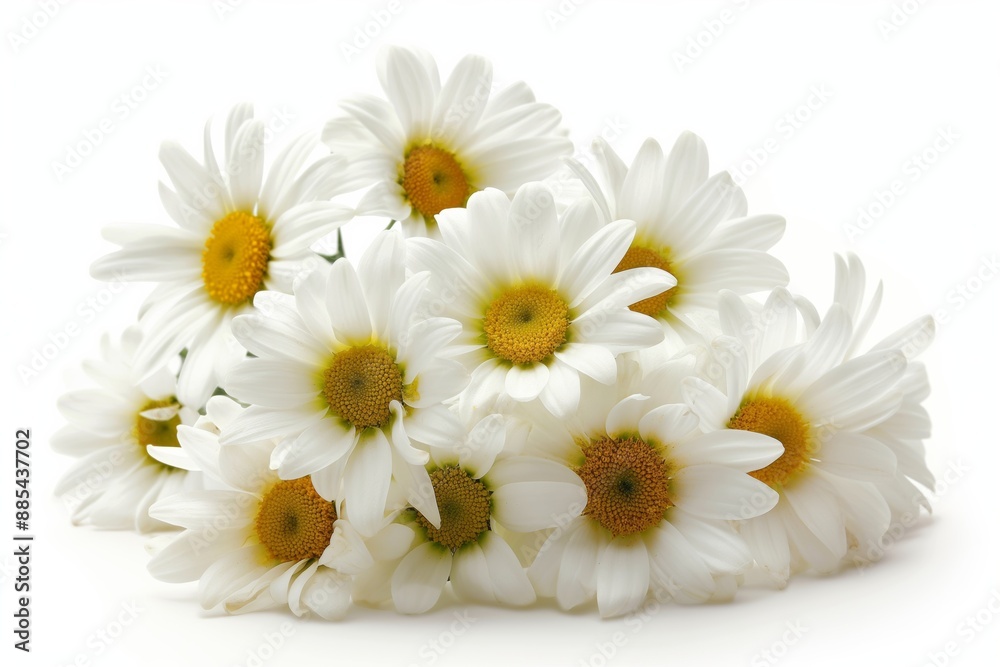 Fototapeta premium A bunch of white daisies are arranged in a pile. The flowers are fresh and vibrant, and they give off a sense of happiness and positivity. The arrangement is simple yet elegant