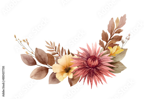 Autumn vector floral illustration clipart. Fall wreath. Burnt orange, burgundy and terracotta flowers for rustic wedding design, greeting cards, thanksgiving decoration.