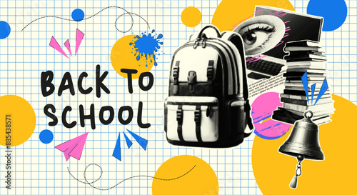 Trending banner in halftones "Back to school", doodles on a checkered paper background. Books, backpack, globe, watch, stationery. Vector illustration.