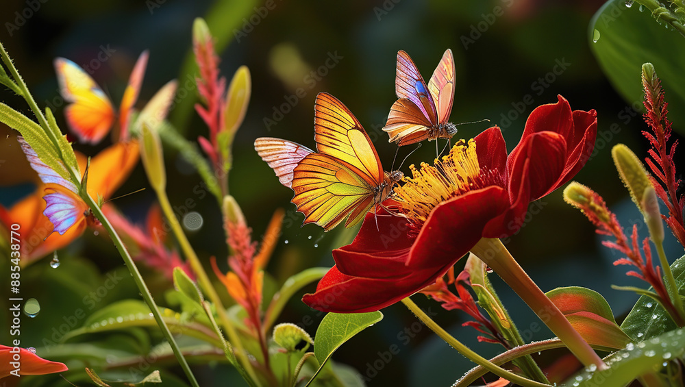 Vibrant butterflies flutter around a lush botanical garden, feasting on bright red flowers in a vivid display of nature's beauty. Vibrant butterflies flutter around a lush botanical garden, feasting on bright red flowers in a vivid display of nature's beauty.