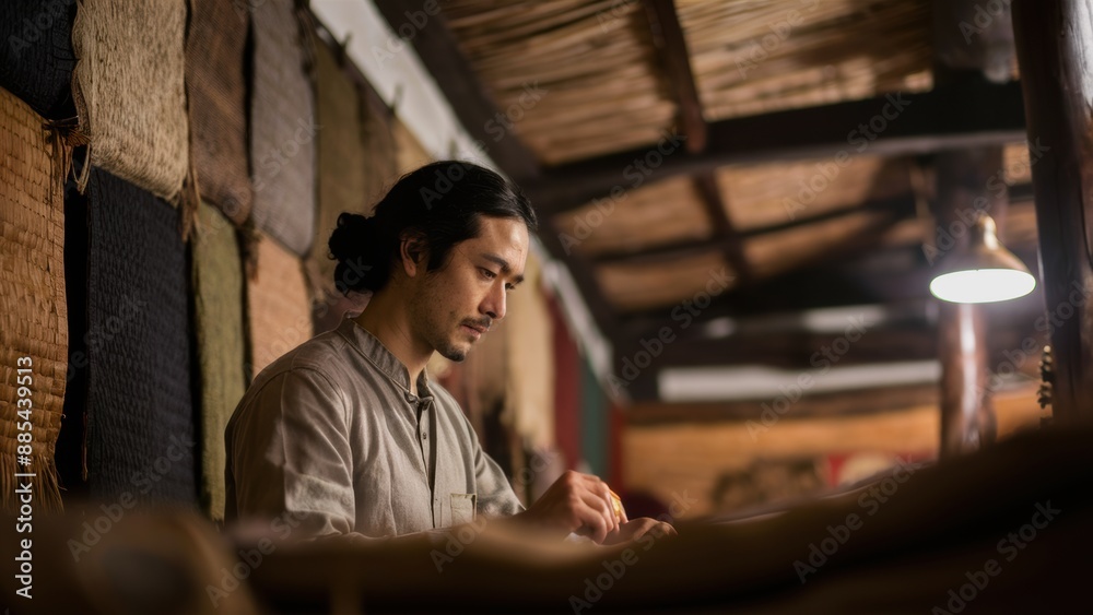 A man sitting at a table with scissors and paper, AI A man sitting at a table with scissors and paper, AI