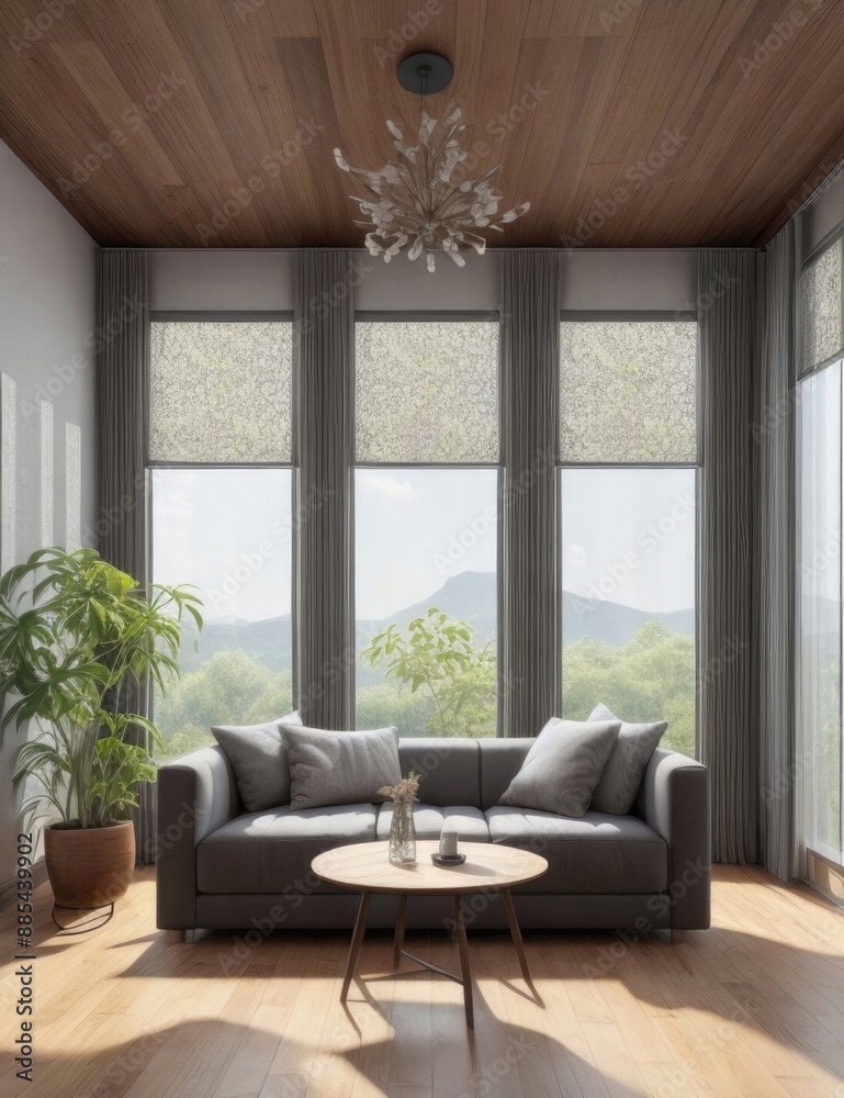 A living room with a couch, a table, and a potted plant A living room with a couch, a table, and a potted plant