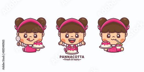 Cute beautiful women cartoon with panna cotta