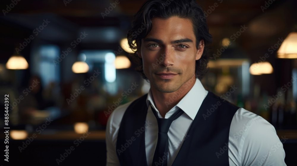 A man in a black vest and white shirt is smiling for the camera