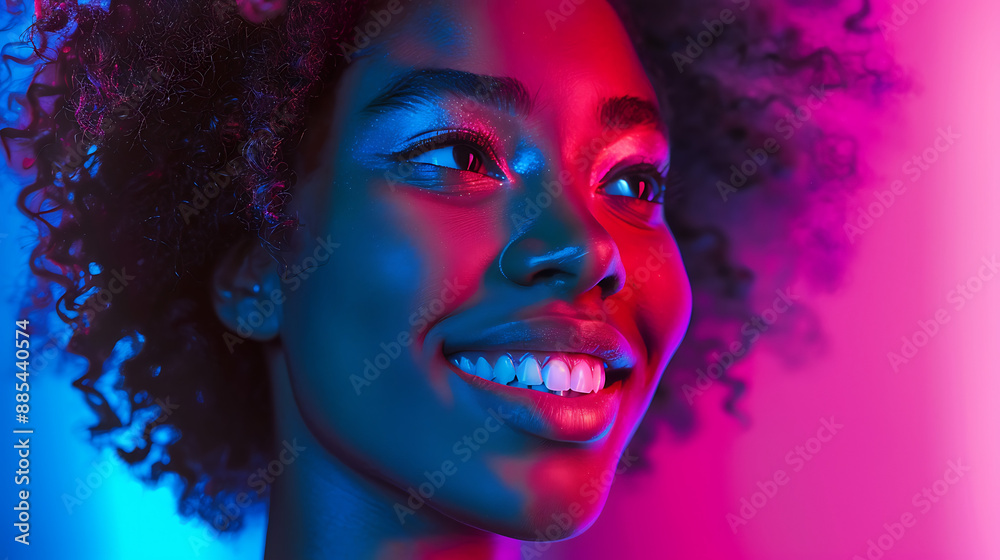 Closeup portrait of a carefree woman illuminated by bold neon fluorescent light, with dramatic composition and bright contrast, featuring ample copy text space Closeup portrait of a carefree woman illuminated by bold neon fluorescent light, with dramatic composition and bright contrast, featuring ample copy text space