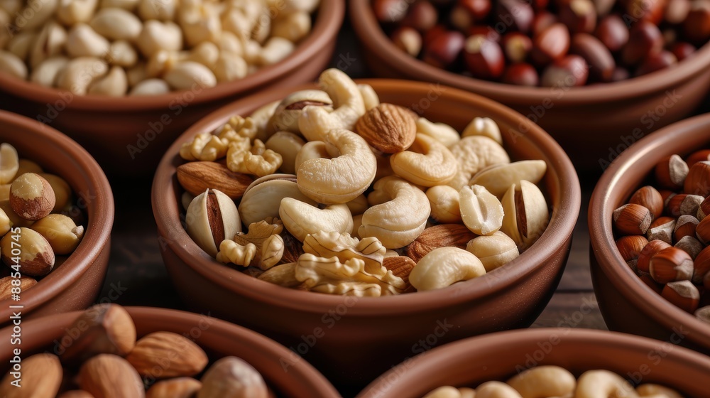 Assorted Nuts in Clay Bowls Close-up of various nuts in rustic clay bowls, showcasing a healthy mix of cashews, almonds, walnuts, and hazelnuts Assorted Nuts in Clay Bowls Close-up of various nuts in rustic clay bowls, showcasing a healthy mix of cashews, almonds, walnuts, and hazelnuts