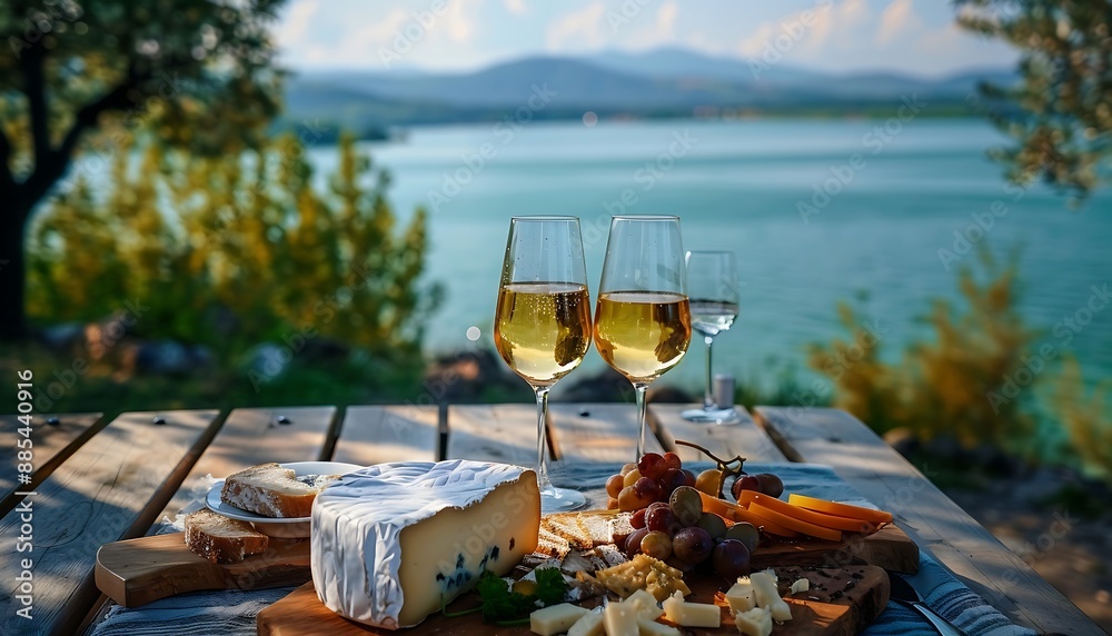 Wine, cheese, grapes and bread on the terrace of a vineyard Wine, cheese, grapes and bread on the terrace of a vineyard