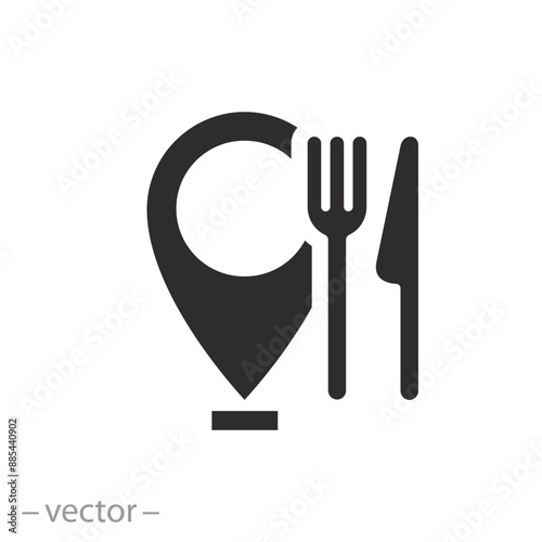 location restaurant or caffe icon, lunch point, pin on map for eat, food on the road, cutlery, fork and knife, flat vector illustration