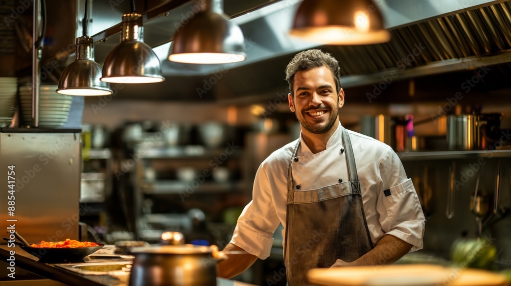Chef in apron standing confidently in a professional kitchen. Chef in apron standing confidently in a professional kitchen.