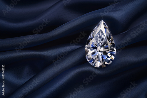 Brilliant pear-shaped diamond nestled on navy blue fabric