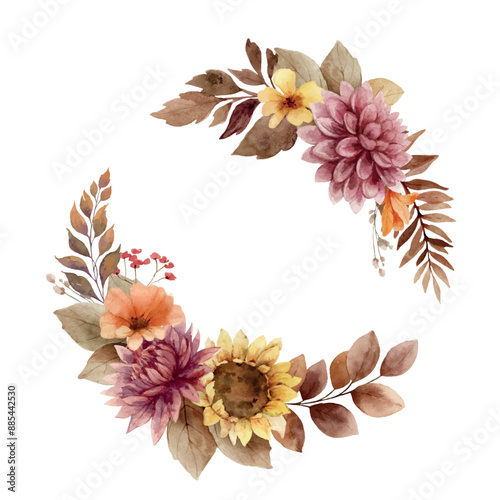 Watercolor vector autumn wreath of sunflower, dahlia, branches and leaves. Burnt orange, burgundy and terracotta flowers for rustic wedding design, greeting cards, thanksgiving decoration. Hand
