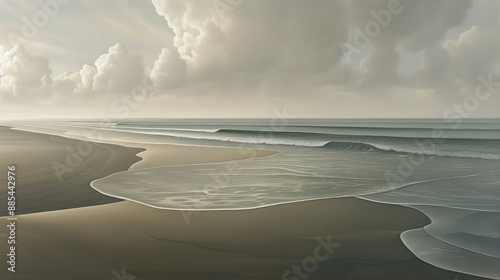 Tranquil beach scene with rolling waves and a cloudy sky, evoking a sense of peace and serenity.