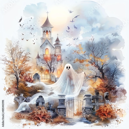 Ghost emerging from a misty graveyard, watercolor style, clean white background photo