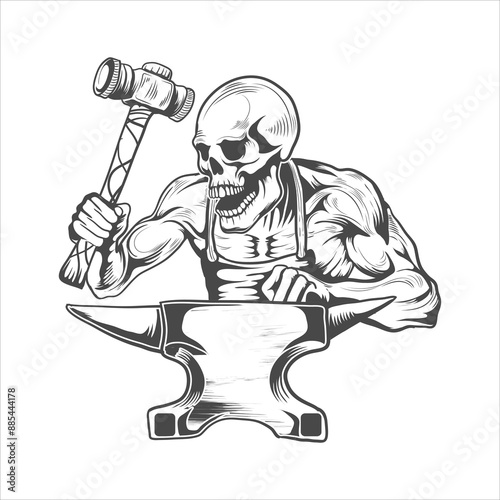 Skull blacksmith hitting anvil with hammer