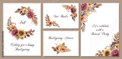 Watercolor vector set of templates with autumn foliage and flowers. Good for wedding invitation, thanksgiving, birthday, postcard, cover, flyer, poster and more.